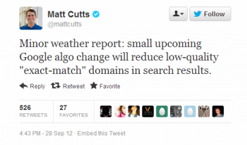 Matt Cutts上周在推特上说，一种新的算法将针对域名完全匹配的低质量网站。