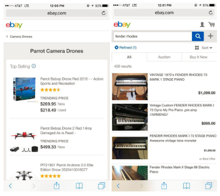 eBay的amp页面(左)比传统的移动页面(右)更干净、更快、更简单。