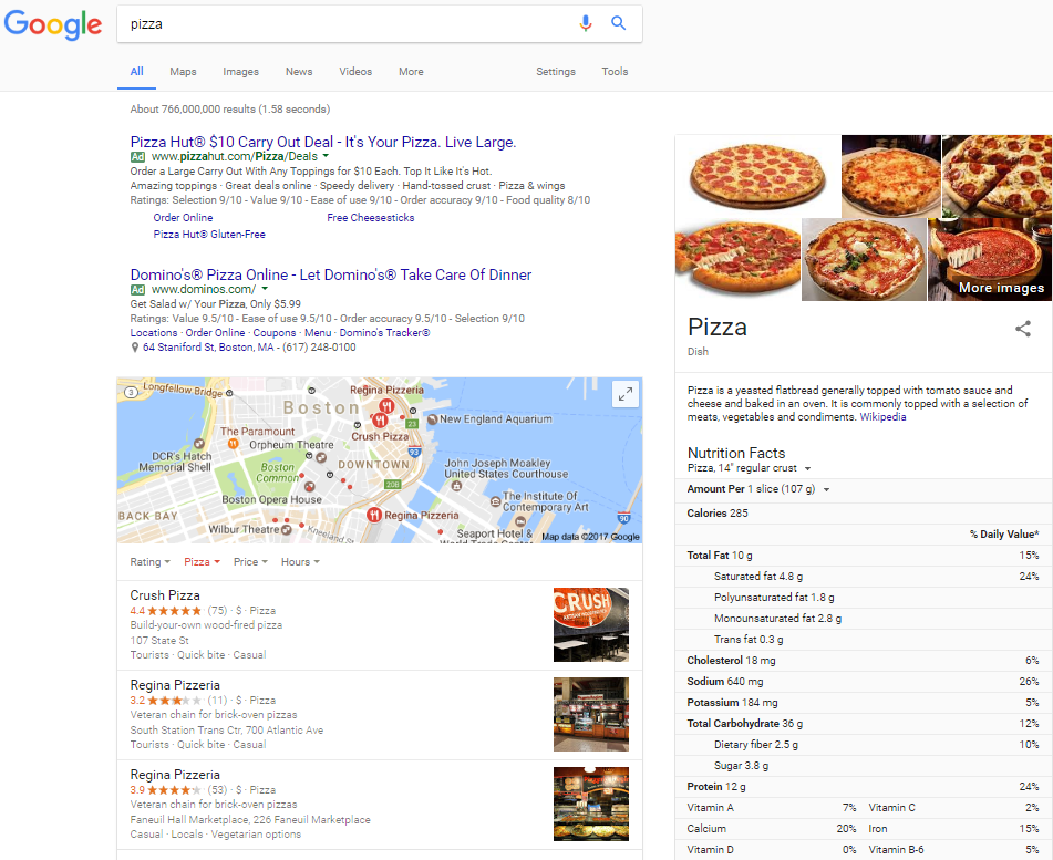 谷歌知道你在找什么，即使你的问题只是一两个词，比如“披萨”。