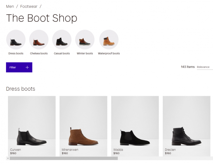 Aldo的网站上的靴子商店